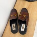 Brown Embossed Horsebit Mules